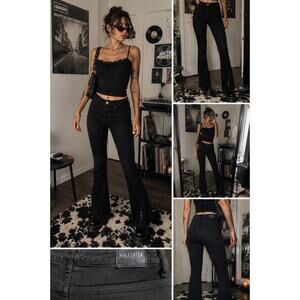 Hollister High-Rise Flare Slit Hem Pants Black Y2K Retro Style W24 L31 Stretchy